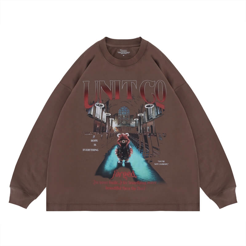 Flat lay of a bear pure cotton long sleeve graphic T-shirt.