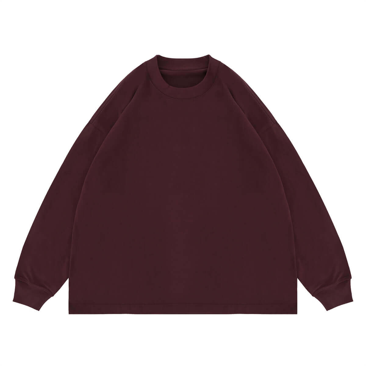 Flat lay of maple red classic crew neck solid color custom long sleeve t-shirt.