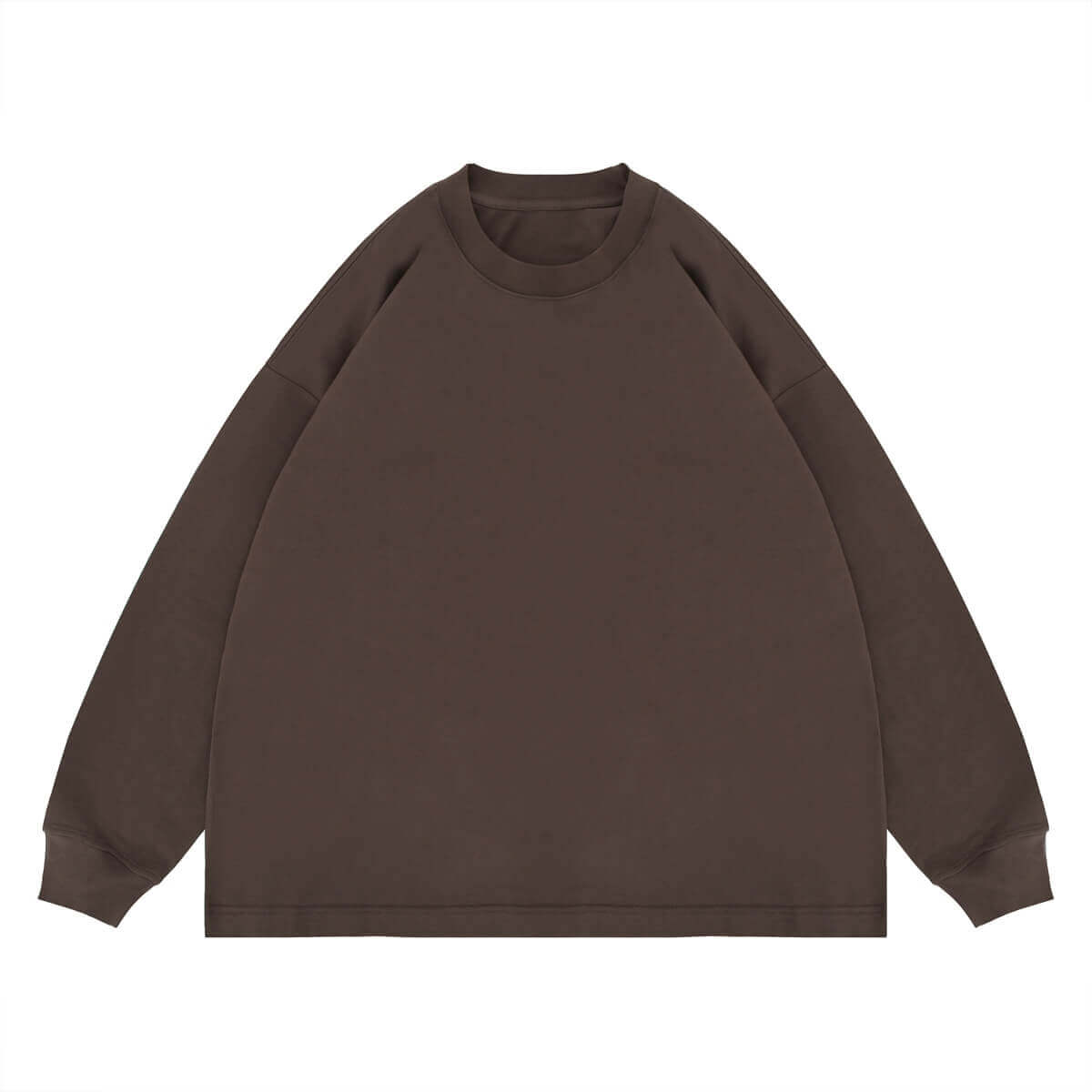 Flat lay of brown classic crew neck solid color custom long sleeve t-shirt.