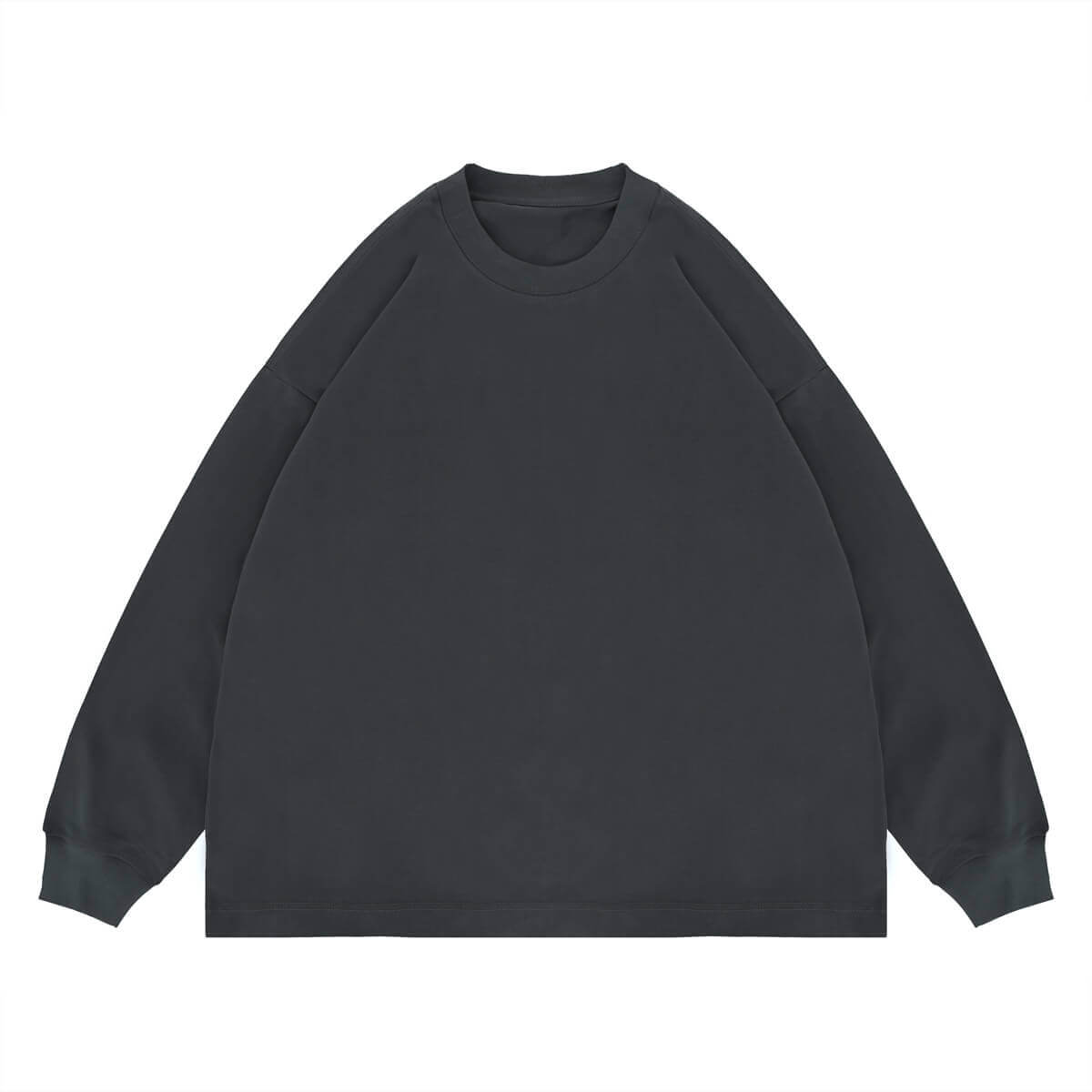 Flat lay of dark gray classic crew neck solid color custom long sleeve t-shirt.