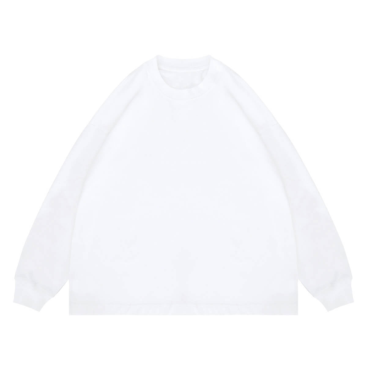 Flat lay of white classic crew neck solid color custom long sleeve t-shirt.