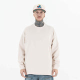 Model wearing front view of classic crew neck solid color custom long sleeve t-shirt.