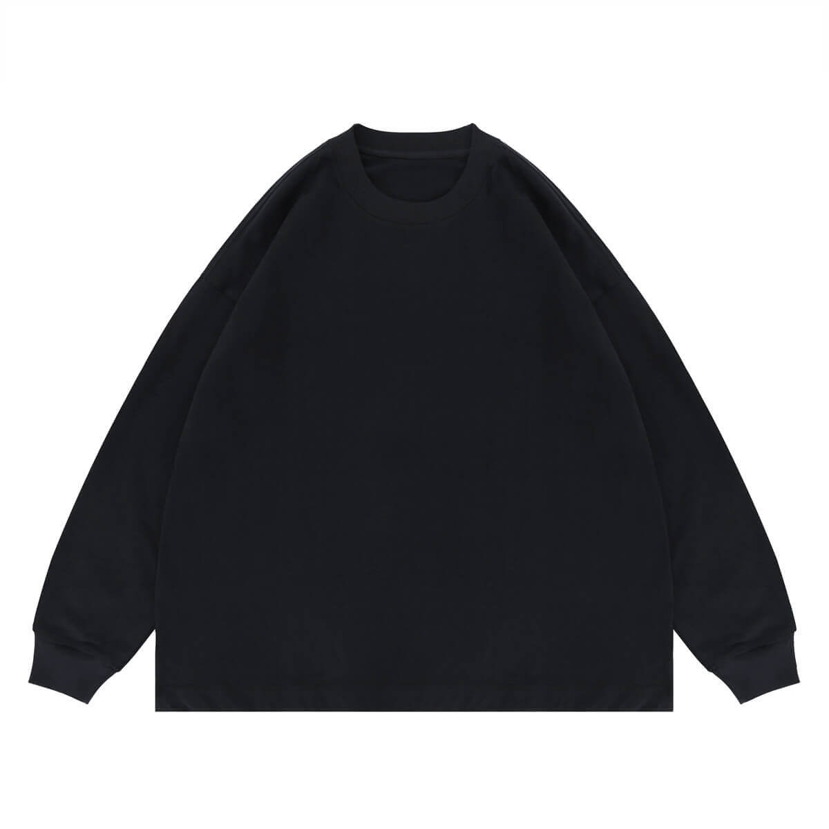 Flat lay of black classic crew neck solid color custom long sleeve t-shirt.