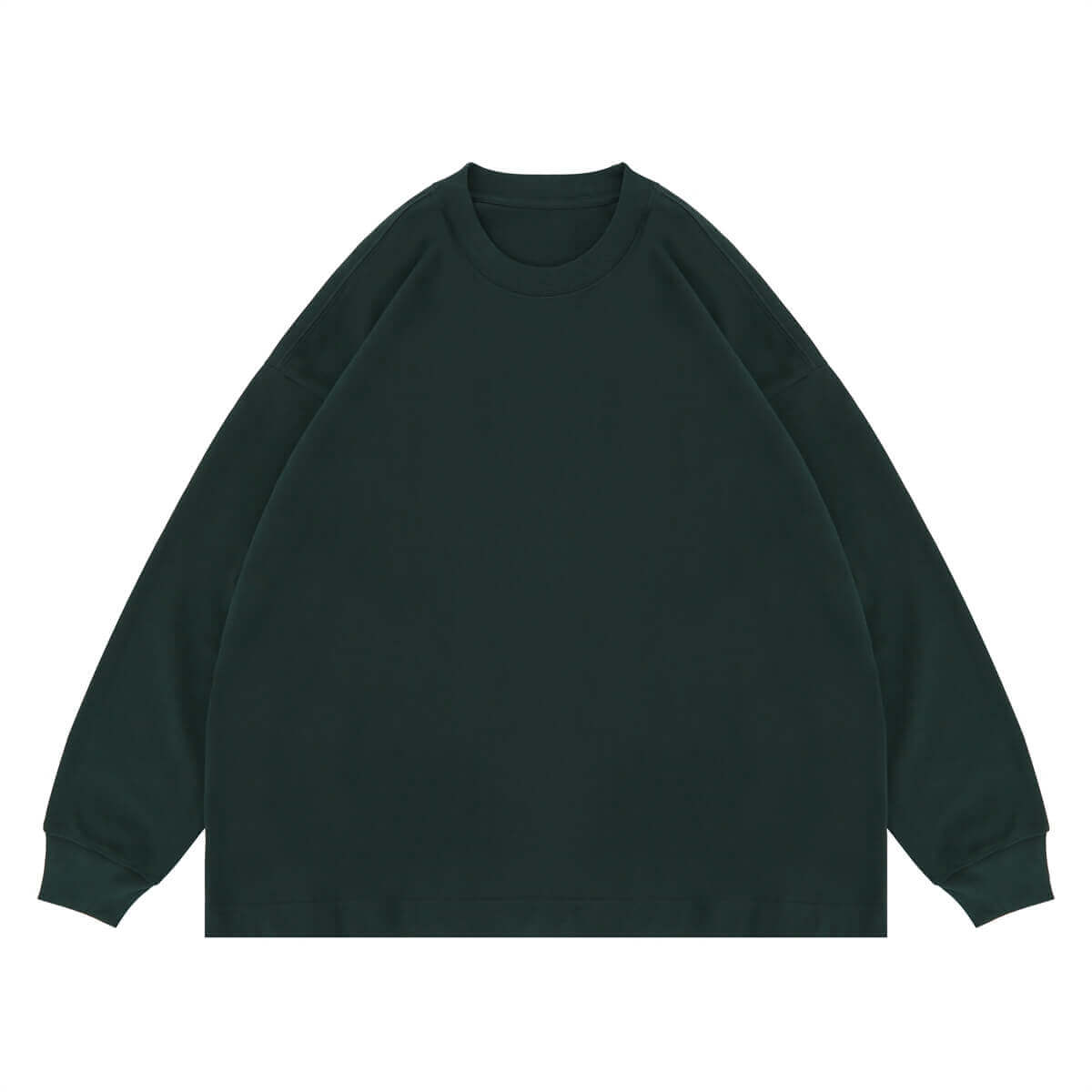 Flat lay of green classic crew neck solid color custom long sleeve t-shirt.