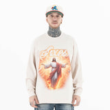 Front view of a model wearing a cotton Jesus graphic long sleeve T-shirt.