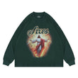 Flat lay of a cotton Jesus graphic long sleeve T-shirt.