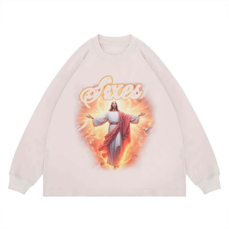 Flat lay of a cotton Jesus graphic long sleeve T-shirt.