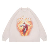 Flat lay of a cotton Jesus graphic long sleeve T-shirt.