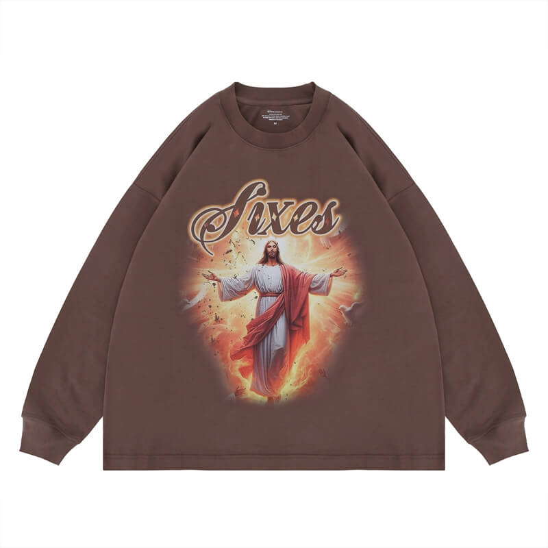 Flat lay of a cotton Jesus graphic long sleeve T-shirt.