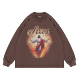 Flat lay of a cotton Jesus graphic long sleeve T-shirt.