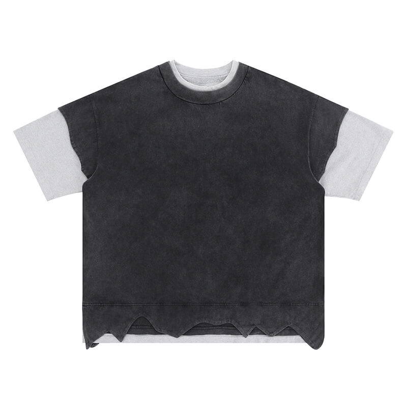 Flat lay of a double collar solid color T-shirt with distressed hem.