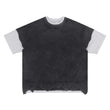 Flat lay of a double collar solid color T-shirt with distressed hem.