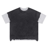 Flat lay of a double collar solid color T-shirt with distressed hem.