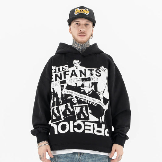 Model wearing enfants riches deprimes black fleece graphic hoodie front view.