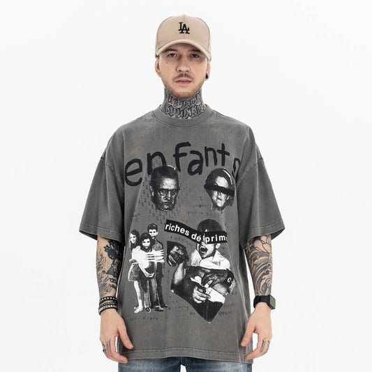 Model wearing gray Enfants Riches Deprimes Graphic T-Shirt front view.