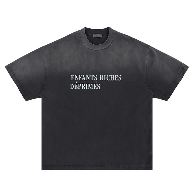 Flat lay of black enfants riches deprimes vintage washed classic logo graphic t-shirt.