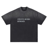 Flat lay of black enfants riches deprimes vintage washed classic logo graphic t-shirt.