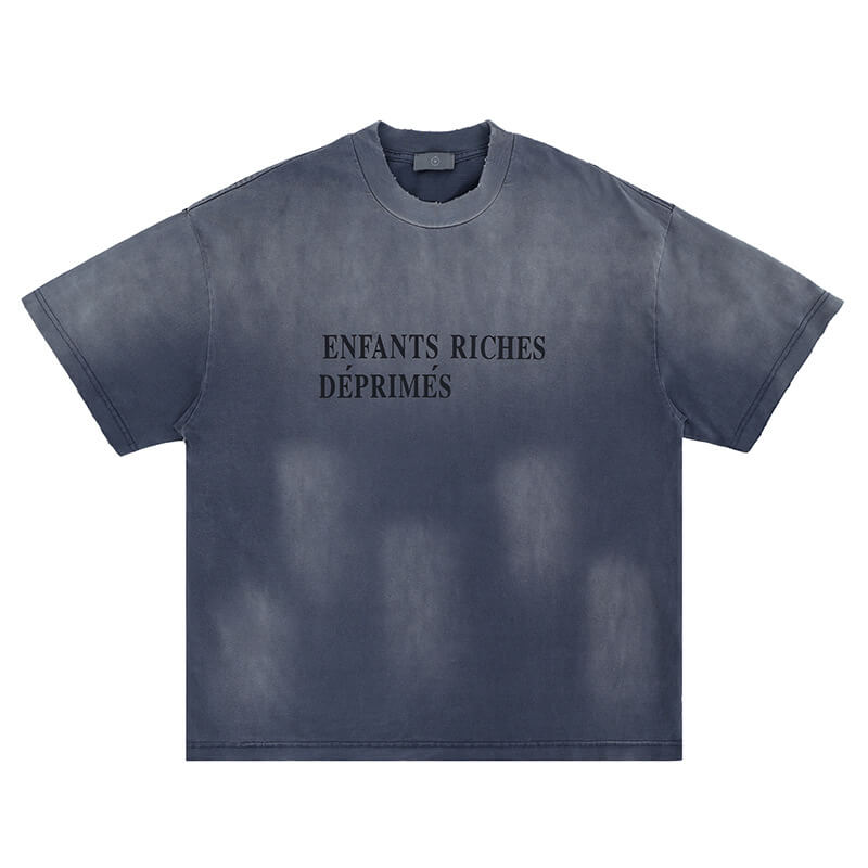 Flat lay of blue enfants riches deprimes vintage washed classic logo graphic t-shirt.