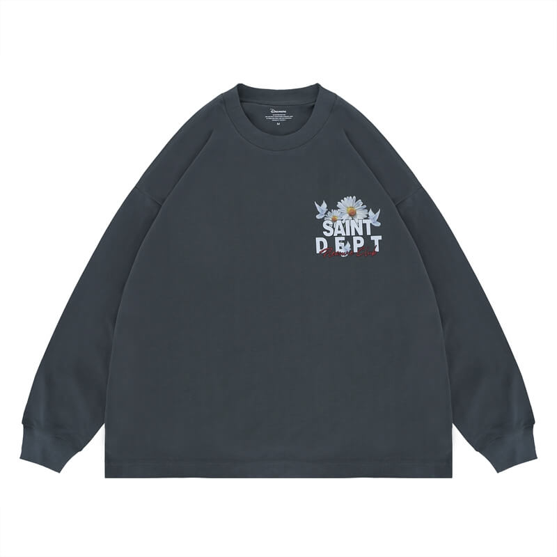 Flat lay of a washed floral long sleeve graphic T-shirt