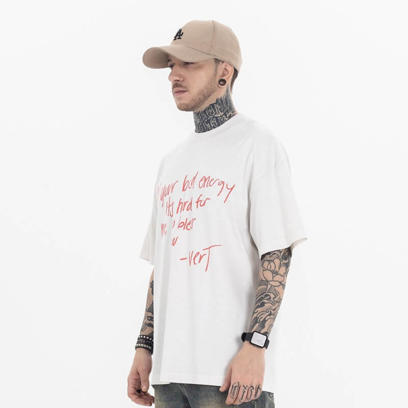 Model wearing side view of future sorry album rap graphic t shirt.