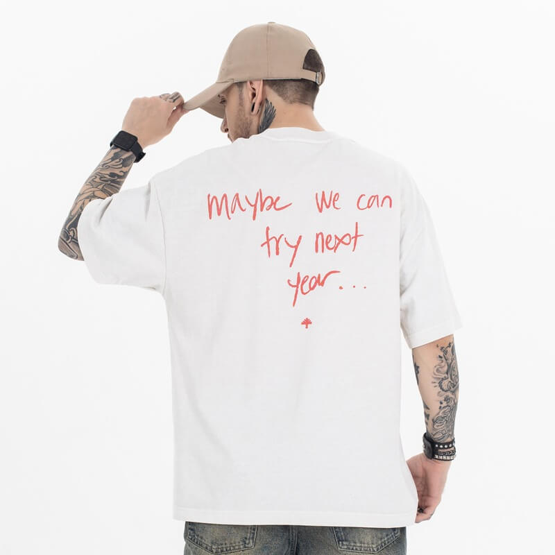 Model wearing back view of future sorry album rap graphic t shirt.