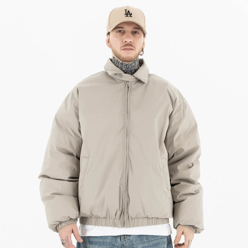 Model wearing front view of g9 harrington winter stand collar padded jacket.