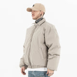 Model wearing side view of g9 harrington winter stand collar padded jacket.