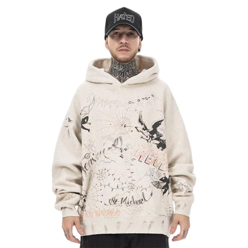 Model wearing graffiti angel fleece graphic hoodie front view.