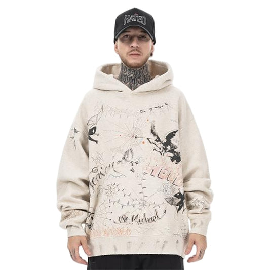 Model wearing graffiti angel fleece graphic hoodie front view.