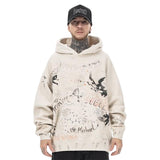 Model wearing graffiti angel fleece graphic hoodie front view.