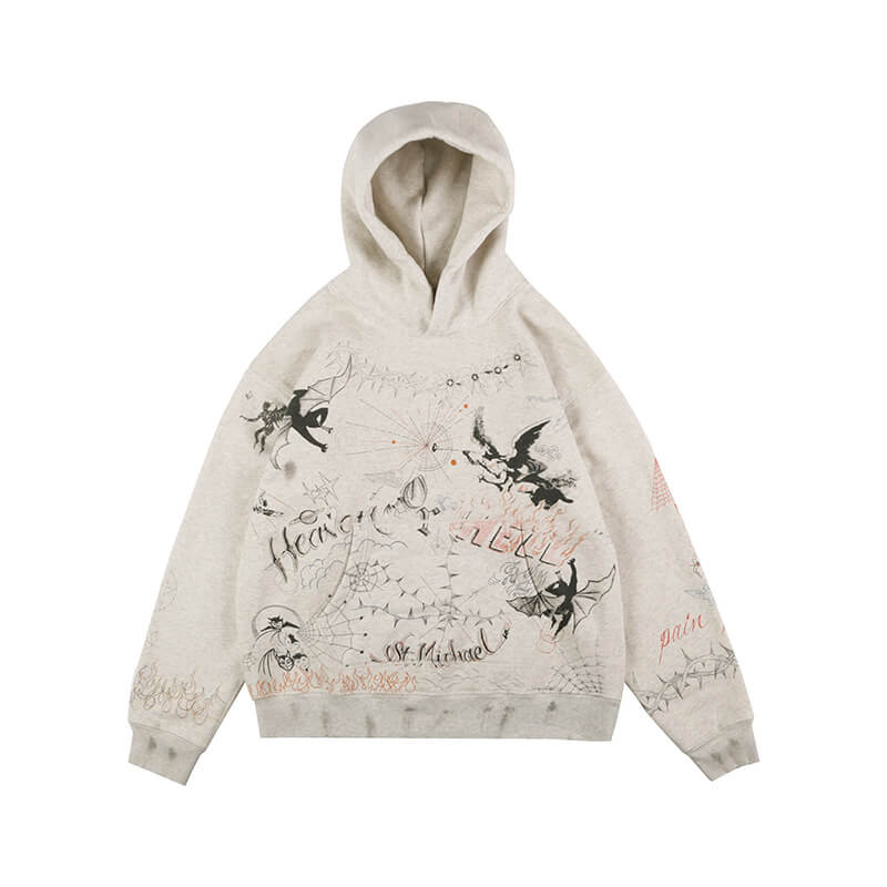 Flat lay of graffiti angel fleece graphic hoodie.