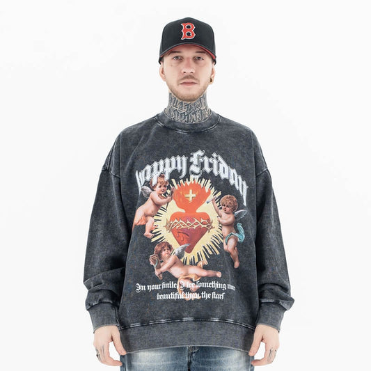 Front view of a model wearing a 'Happy Friday' soft vintage wash graphic sweatshirt
