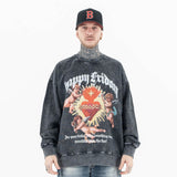 Front view of a model wearing a 'Happy Friday' soft vintage wash graphic sweatshirt