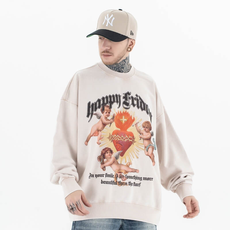 Front view of a model wearing a 'Happy Friday' soft vintage wash graphic sweatshirt