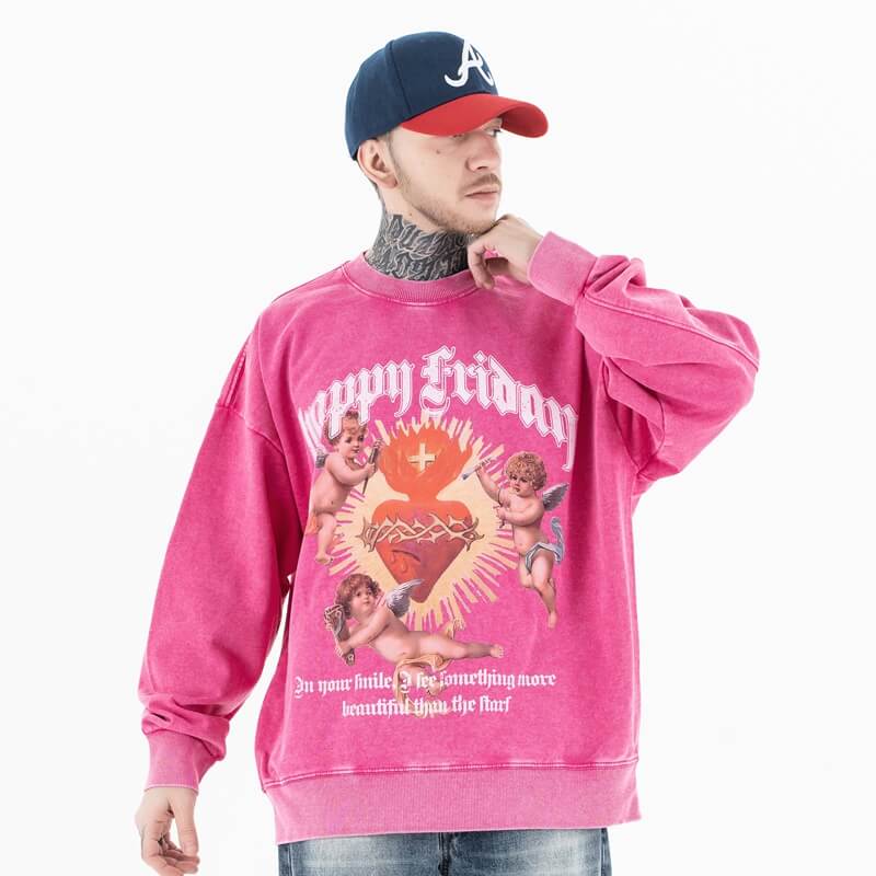 Front view of a model wearing a 'Happy Friday' soft vintage wash graphic sweatshirt