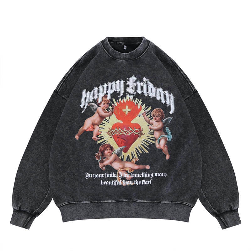Flat lay of a 'Happy Friday' vintage wash graphic sweatshirt with front design