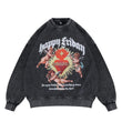 Flat lay of a 'Happy Friday' vintage wash graphic sweatshirt with front design