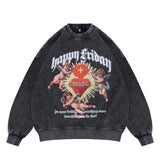 Flat lay of a 'Happy Friday' vintage wash graphic sweatshirt with front design