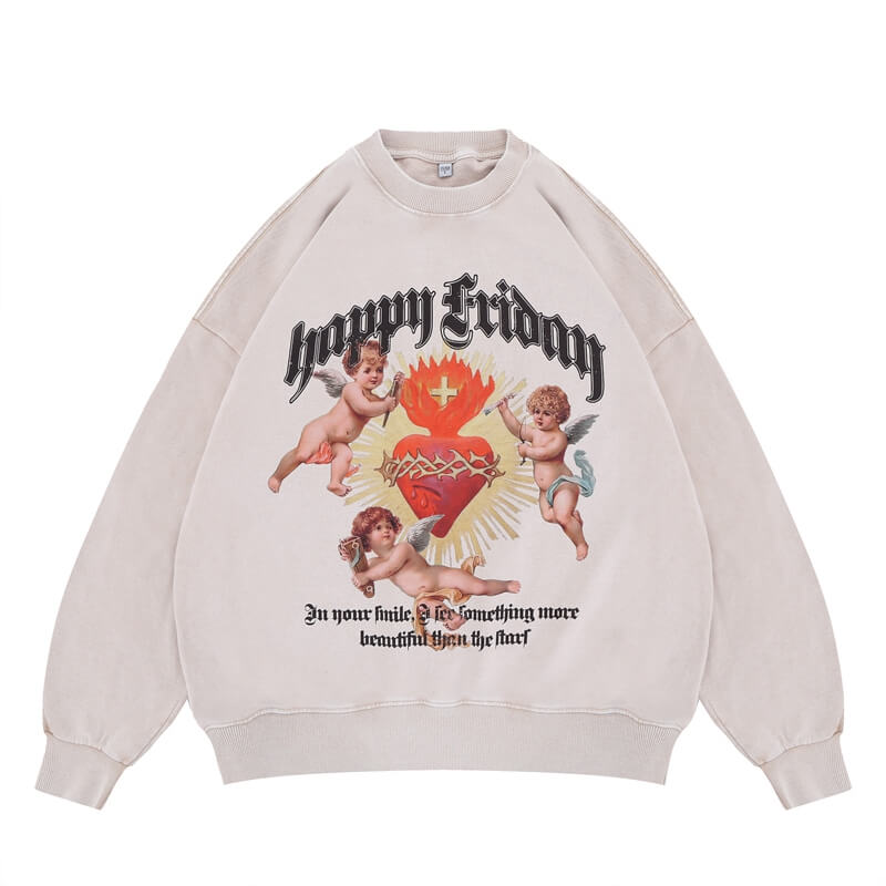 Flat lay of a 'Happy Friday' vintage wash graphic sweatshirt with front design