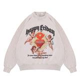 Flat lay of a 'Happy Friday' vintage wash graphic sweatshirt with front design