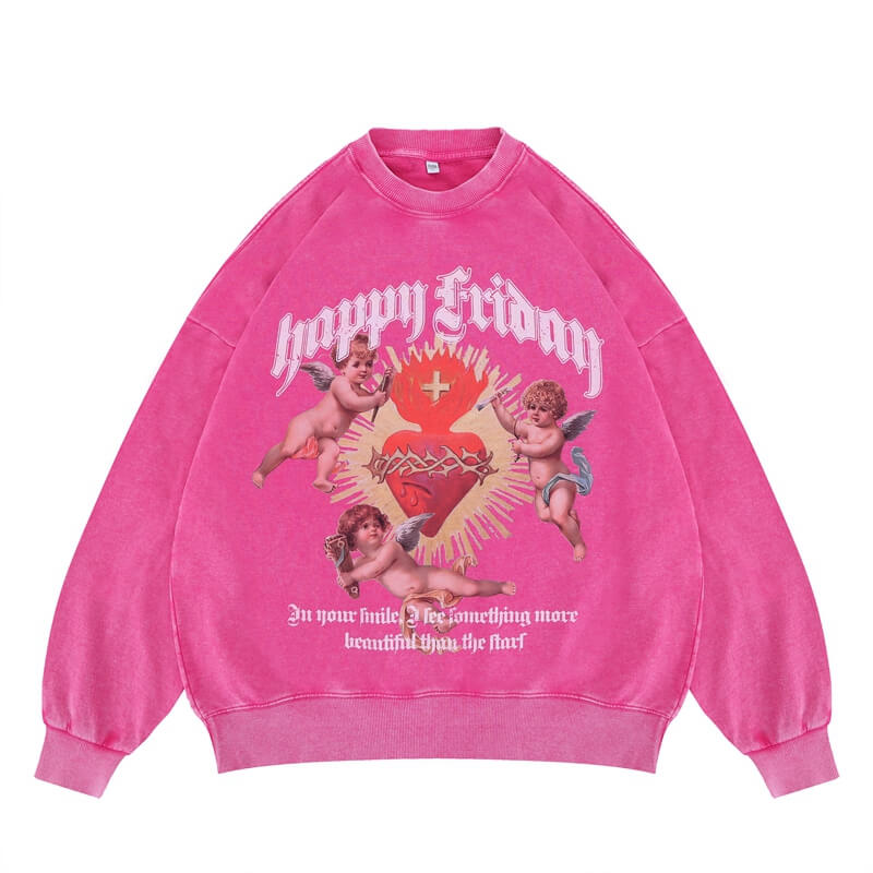 Flat lay of a 'Happy Friday' vintage wash graphic sweatshirt with front design