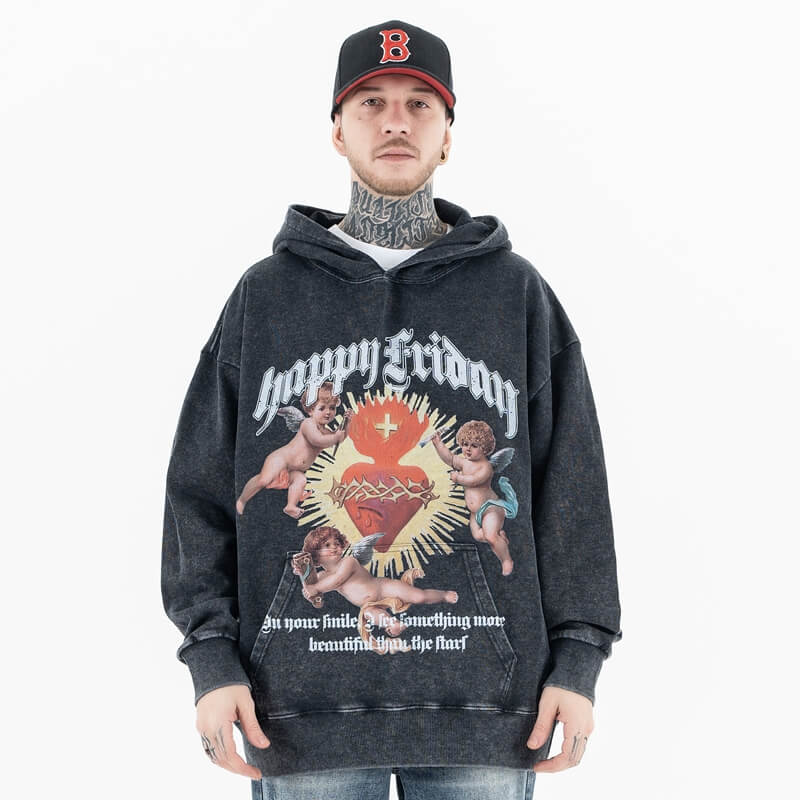 Model wearing happy friday vintage wash graphic hoodie front view.