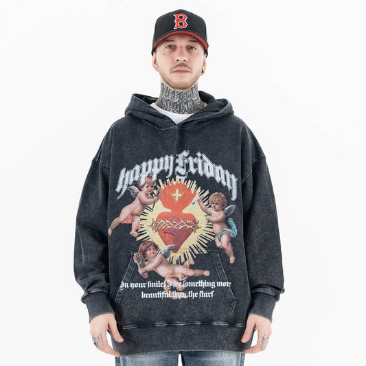 Model wearing happy friday vintage wash graphic hoodie front view.