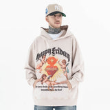 Model wearing happy friday vintage wash graphic hoodie front view.