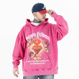 Model wearing happy friday vintage wash graphic hoodie front view.