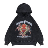 Black happy friday vintage wash graphic hoodie flat display.