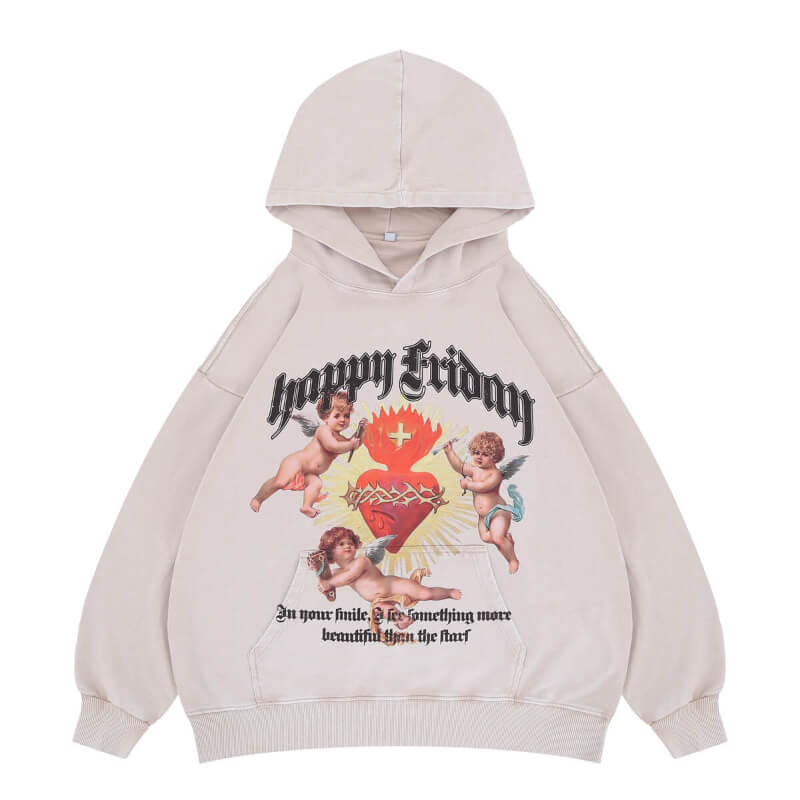 Milk tea happy friday vintage wash graphic hoodie flat display.