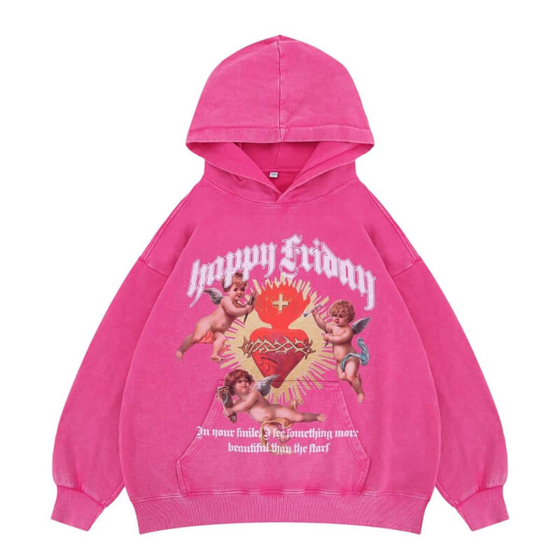 Pink happy friday vintage wash graphic hoodie flat display.