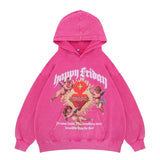 Pink happy friday vintage wash graphic hoodie flat display.