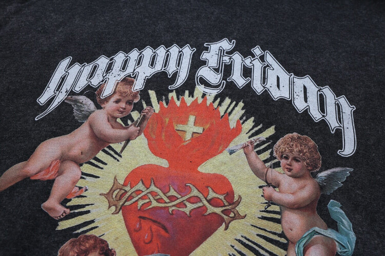 Happy friday vintage wash graphic hoodie graphic detail.